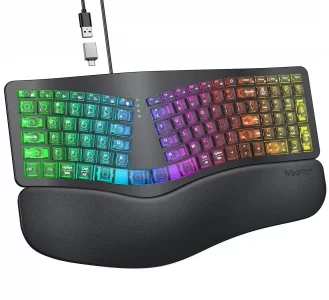 MEETION Ergonomic Keyboard Wired, 7 Colors Transparent Backlit, 4 Brightness, 1 RGB Breathing Backlit, Comfortable Wrist Rest Cushion, USB-A/USB-C Ad