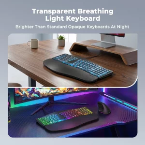 MEETION Ergonomic Keyboard Wired, 7 Colors Transparent Backlit, 4 Brightness, 1 RGB Breathing Backlit, Comfortable Wrist Rest Cushion, USB-A/USB-C Ad