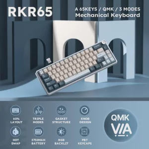 RK ROYAL KLUDGE R65 Wireless Mechanical Keyboard with Volume Knob, Tri-Mode 2.4G/USB-C/BT Gasket Mounted 60% Gaming Keyboard with 66Keys, PBT Keycaps