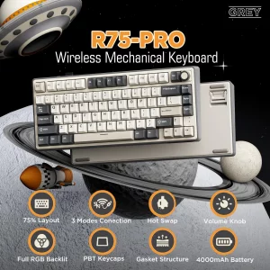 RK ROYAL KLUDGE R75 Wireless Mechanical Keyboard, 75% Percent Custom Gaming Keyboard Gasket Mount RGB Backlit with Knob & PBT Keycaps, BT5.1/2.4GHz/U