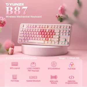 YUNZII B87 Wireless Mechanical Keyboard,QMK/VIA Programmable,TKL Layout 87 Keys,BT/2.4G/USB-C,Hot Swap Gasket Mount RGB Backlit Gaming with Wrist Res