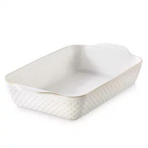 DOWAN 9x13 Deep Lasagna Baking Dish, Ceramic Casserole Dish for Oven, 4 Quarts Embossed Baking Pan with Handles, Oven Safe Bakeware for Roasting, Des