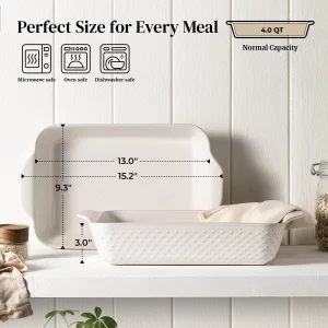 DOWAN 9x13 Deep Lasagna Baking Dish, Ceramic Casserole Dish for Oven, 4 Quarts Embossed Baking Pan with Handles, Oven Safe Bakeware for Roasting, Des