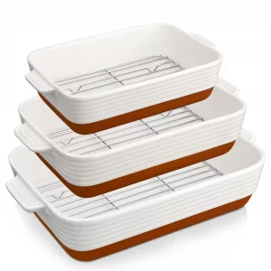 MALACASA Casserole Dishes for Oven with Roasting Racks, Ceramic Baking Dishes Set of 3, Baking Pan Casserole Dish Set, Rectangular Lasagna Pan Deep w