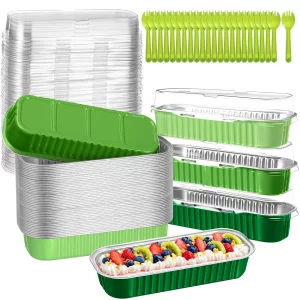 Vesici 60 Pcs Mini Loaf Pans with Lids and Spoons 6.8 oz Disposable Rectangle Aluminum Foil Baking Pans for Party Muffin Cheesecake(Green)