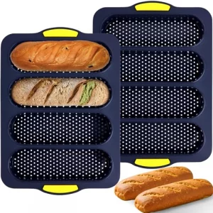 XenMee 2 Pcs Silicone Bread Loaf Pan, Non-Stick Baguette Bread Pan Food Grade, 4-Cavity Perforated French Baking Mold for Homemade Bread, French Bagu