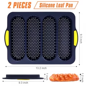 XenMee 2 Pcs Silicone Bread Loaf Pan, Non-Stick Baguette Bread Pan Food Grade, 4-Cavity Perforated French Baking Mold for Homemade Bread, French Bagu