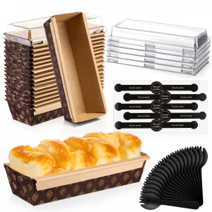 Baderke 20 Pcs 8 x 2.5 Inches 1lb Paper Loaf Pan with Lids and Plastic Black Spoons Sealing Sticker Disposable Paper Baking Pan Mold for Cake Bread O
