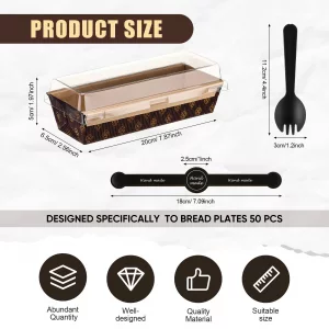 Baderke 20 Pcs 8 x 2.5 Inches 1lb Paper Loaf Pan with Lids and Plastic Black Spoons Sealing Sticker Disposable Paper Baking Pan Mold for Cake Bread O