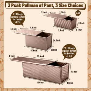 BAISHUN 3 Pack Pullman Loaf Pans with Lids, 2.2LB 1LB 0.5LB Bread Pans, Non-stick Carbon Steel Bread Pans for Homemade Sandwich and Baking Sourdough 