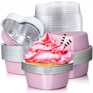 Patelai 20 Sets Aluminum Foil Cake Pan Heart Shaped Cupcake Cup with Lids 100 Ml/ 3.4 Ounces Disposable Mini Cupcake Cup Flan Baking Cups for Valenti