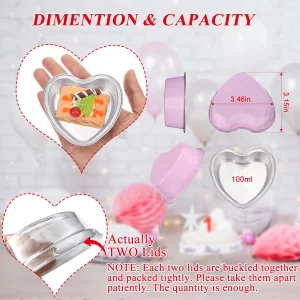 Patelai 20 Sets Aluminum Foil Cake Pan Heart Shaped Cupcake Cup with Lids 100 Ml/ 3.4 Ounces Disposable Mini Cupcake Cup Flan Baking Cups for Valenti