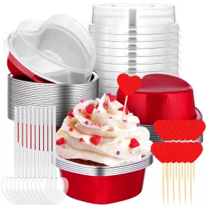 Shojoy 30 Pack Valentine's Day Cake Pans with Lids, 3.4 oz/100 ml Disposable Aluminum Foil Heart Shaped Cupcake Baking Pans with Spoons Topper for Va