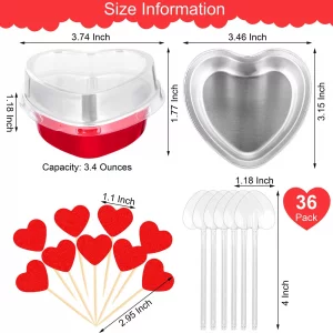 Shojoy 30 Pack Valentine's Day Cake Pans with Lids, 3.4 oz/100 ml Disposable Aluminum Foil Heart Shaped Cupcake Baking Pans with Spoons Topper for Va