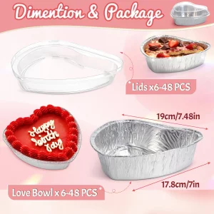 48 Pcs Heart Shaped Cake Pans with Lids,Mini Aluminum Foil Heart Cupcake Baking Tins Non-stick Cake Baking Pans for Kitchen Valentine's Day, Mother's