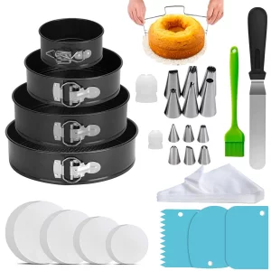 Round Cake Pan Sets for Baking Cake Decorating Supplies: 4 Non-Stick Springform Pans Set (4, 7,9,10 inches), Icing Tips, Cake Leveler - Multi-functio