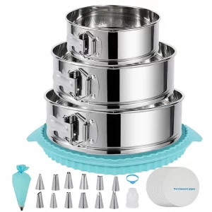 Aufind Springform Pan Set for Baking (7,9,10inches), 304 Stainless Steel Springform Cake Pan with Removable Bottom, Cheesecake Pan with 50PCS Parchme
