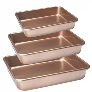 FISDEN Set of 3 Rectangular Cake Pan, Carbon Nonstick Deep Baking Pans for Oven, Gold Cookie Sheet Toaster Oven Tray Bakeware for Brownie, Bread, Cas