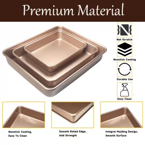 FISDEN Set of 3 Rectangular Cake Pan, Carbon Nonstick Deep Baking Pans for Oven, Gold Cookie Sheet Toaster Oven Tray Bakeware for Brownie, Bread, Cas