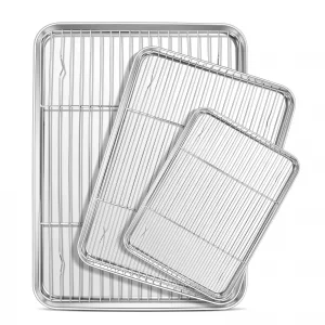 E-far Baking Sheet with Cooling Rack Set (3 Pans + 3 Racks), 16/12.5/9.3 Inch Stainless Steel Cookie Sheets Baking Pans and Wire Rack for Oven, Non T