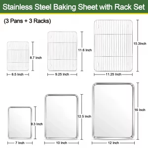 E-far Baking Sheet with Cooling Rack Set (3 Pans + 3 Racks), 16/12.5/9.3 Inch Stainless Steel Cookie Sheets Baking Pans and Wire Rack for Oven, Non T