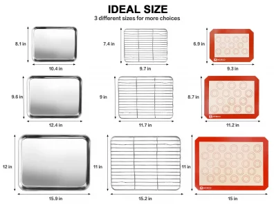 Stainless Steel Baking Sheet Tray Cooling Rack with Silicone Baking Mat Set, Cookie Pan with Cooling Rack, Set of 9 (3 Sheets + 3 Racks + 3 Mats), 10