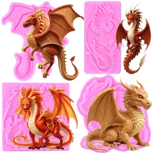 MIYAHOUSE Dragon Silicone Mold Flying Dragon Fondant Molds For Cake Decoration Cupcake Topper Chocolate Candy Polymer Clay Gum Paste Set Of 4