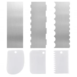 6 Piece Cake Scraper Set, 3 Stainless Steel and 3 Plastic Scrapers, Double-Sided Pattern Edges, Cake Decorating Tools for Buttercream