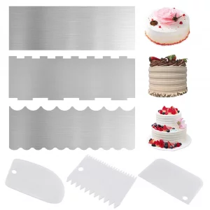 6 Piece Cake Scraper Set, 3 Stainless Steel and 3 Plastic Scrapers, Double-Sided Pattern Edges, Cake Decorating Tools for Buttercream