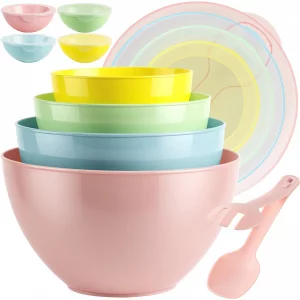 16 Piece Plastic Mixing Bowls with Lids Set - Nesting Bowls Set includes 8 Prep Bowls and 8 Lids, 2-in-1 Spoon-Fork, Large Salad Bowl for Preparing, 