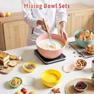 16 Piece Plastic Mixing Bowls with Lids Set - Nesting Bowls Set includes 8 Prep Bowls and 8 Lids, 2-in-1 Spoon-Fork, Large Salad Bowl for Preparing, 