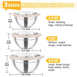 TeamFar Mixing Bowls with Lids, 4.5/3/1.5 QT Stainless Steel Nesting Salad Bowls with Airtight Lids, For Serving/Mixing/Storing/Prepping, Healthy & S
