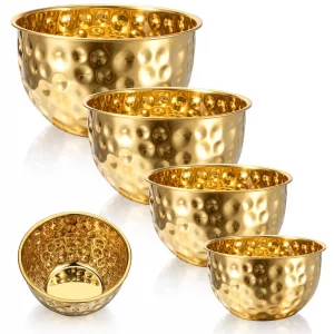 5 Pcs Gold Mixing Bowls Set, Stainless Steel Hammered Mixing Bowl Gold Metal Salad Bowl Reusable Nesting Serving Bowls for Kitchen, Food Storage, Pre