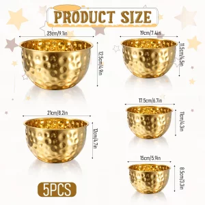 5 Pcs Gold Mixing Bowls Set, Stainless Steel Hammered Mixing Bowl Gold Metal Salad Bowl Reusable Nesting Serving Bowls for Kitchen, Food Storage, Pre