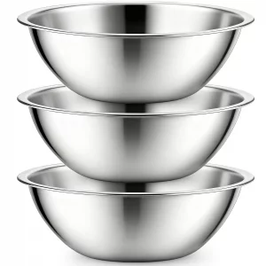 Suwimut 3 Pack Stainless Steel Mixing Bowls, 6 Quart Flat Base Stainless Steel Serving Bowls, 12.6 Inch Mirror Polish Large Metal Bowl Set for Kitche
