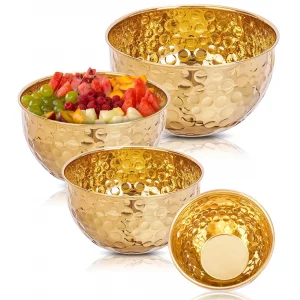 badashun 4-Piece Hammered Gold Mixing Bowls Set, 2QT 3QT 4QT 5QT Stainless Steel Metal Mixing Bowls for Cooking, Baking, Salad Prep & Food Storage, N