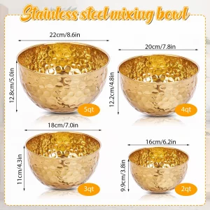 badashun 4-Piece Hammered Gold Mixing Bowls Set, 2QT 3QT 4QT 5QT Stainless Steel Metal Mixing Bowls for Cooking, Baking, Salad Prep & Food Storage, N