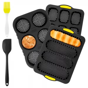 wutfuooo Set of 5 Silicone Hamburger Bun Mold 4 6 9 Cup Hamburger Bun Pan with Spatula Brush Nonstick Bun Pans for Baking Homemade Bread Loaf Sandwic