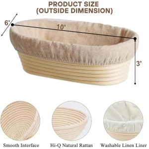 Banneton Bread Proofing Basket 2 pack 10 inch Oval Basket with Liner, Bread Proofing Basket Perfect for Professional & Home Sourdough Bread Baking, A