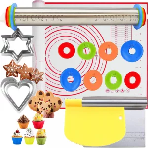 Amremsu Adjustable Rolling Pin 19 Baking Tool Set and Silicone Baking Pastry Mat Set,Thickness Rings,Stainless Steel Dough Roller Rolling Pins for Ba