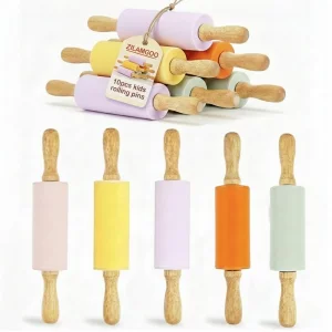 10 Pack Kids Rolling Pins, 9 Inch Small Silicone Rolling Pin with Wooden Handle for Baking Dough Cookie Fondant Pastry, Colorful Rolling Pins for Kid