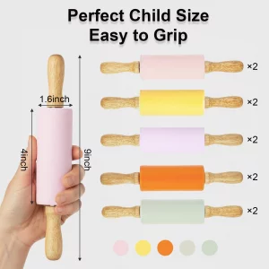 10 Pack Kids Rolling Pins, 9 Inch Small Silicone Rolling Pin with Wooden Handle for Baking Dough Cookie Fondant Pastry, Colorful Rolling Pins for Kid