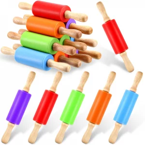 10 Pcs Small Rolling Pin Kids 9 Inch Mini Rolling Pin Silicone Wooden Cooking Pins Baking 5 Colors Non Stick Kids with Wooden Handle for Kitchen Doug