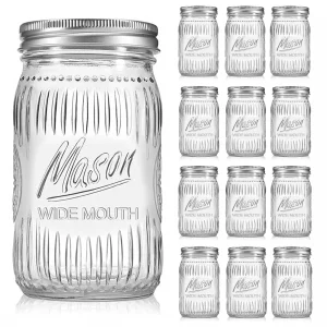 Jeitae 12 Pack 32 oz Wide Mouth Mason Jars - Heavy Duty Glass Storage Jars with Airtight & Leak Proof Lids for Pickling, Canning, Food Storage, Flour
