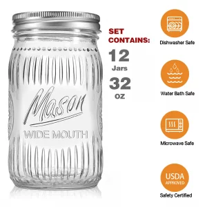 Jeitae 12 Pack 32 oz Wide Mouth Mason Jars - Heavy Duty Glass Storage Jars with Airtight & Leak Proof Lids for Pickling, Canning, Food Storage, Flour