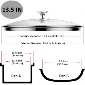 13.5 Inch Glass & Stainless Steel Lid with Steam Vent, Universal lid for Pots, Pans, Skillets and Woks, Large Covers Replacement of 34cm, Fits Pots W