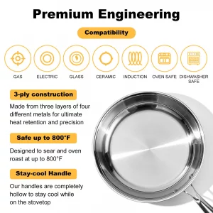 Ranbomer Stainless Steel Pan?Non-Toxic PFAS, PFOA & PTFE Free, Compatible With All Cooktops & Induction Safe, Oven Safe Pan for Searing & Sauting, L