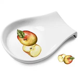 Apple Ceramic Spoon Rest, White Spoon Rest for Stove Top, Spoon Holder for Kitchen Counter, Kitchen Decor and Accessories, 5.5 inch