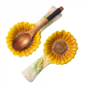2 Pack Spoon Rest for Stove Top, Sunflower Ceramic Spoon Holder for Kitchen Counter Cooking Utensil Ladle Spatula Holder Cute Spoon Rest Sunflower Ki
