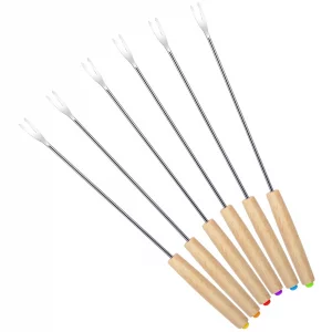 6 PCS 9.5'' Stainless Steel Fondue Forks with Wooden Handle, Color Coding Heat Resistant Fondue Sticks, Cheese Chocolate Fountain Forks for Roast Mar